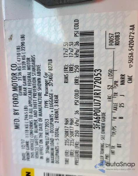 2018 Ford Fusion Se Hybrid z USA, uszkodzony, nr VIN 3FA6P0LU7JR172053